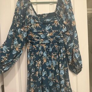 ARULA Teal Floral Long Sleeve Dress